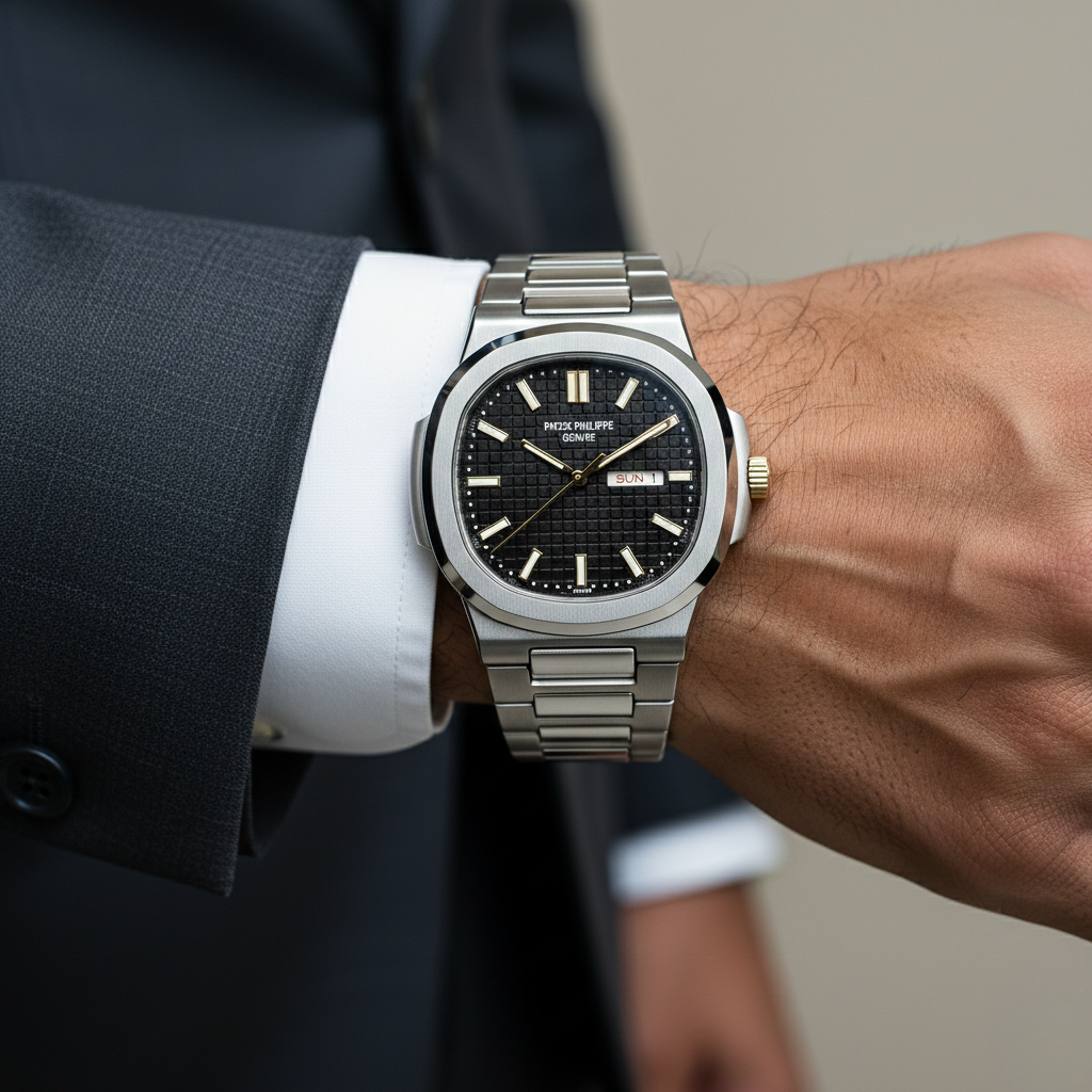 Patek Philippe Nautilus Collection – Black Checkered Dial Day-Date Steel Bracelet Edition