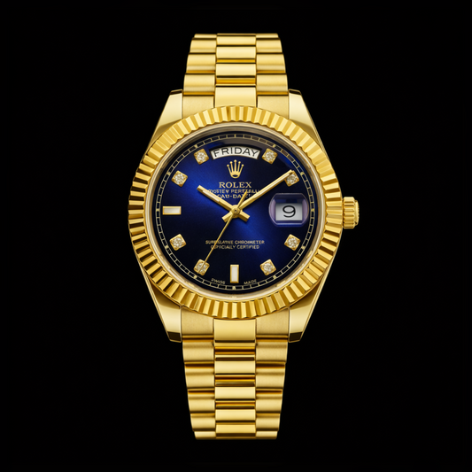 Rolex Day-Date Collection – Blue Sunburst Dial Diamond Markers Gold Bracelet Edition