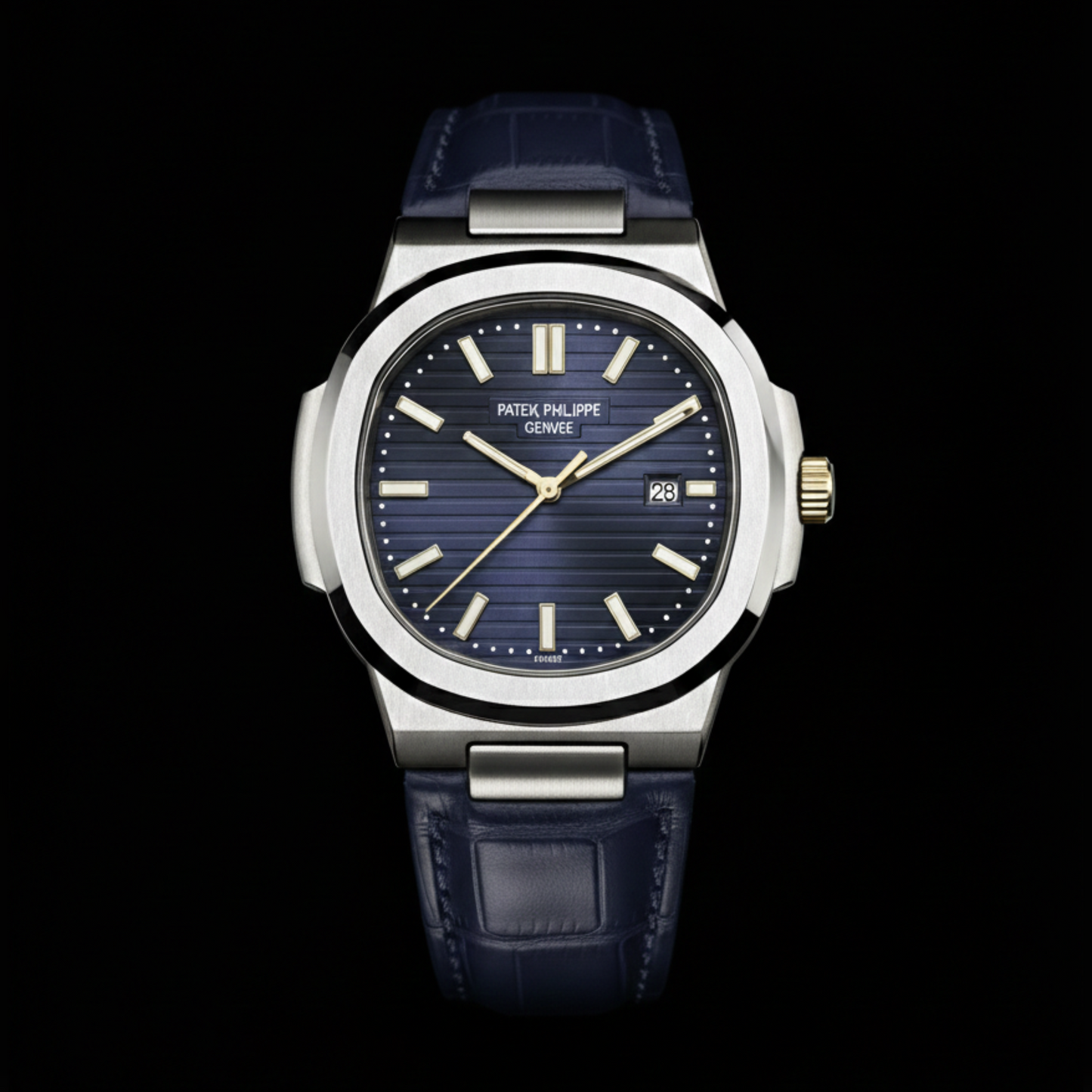 Patek Philippe Nautilus Collection – Blue Dial Gold Hands Navy Leather Edition (Automatic)