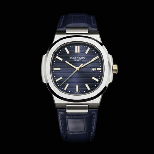 Patek Philippe Nautilus Collection – Blue Dial Gold Hands Navy Leather Edition (Automatic)