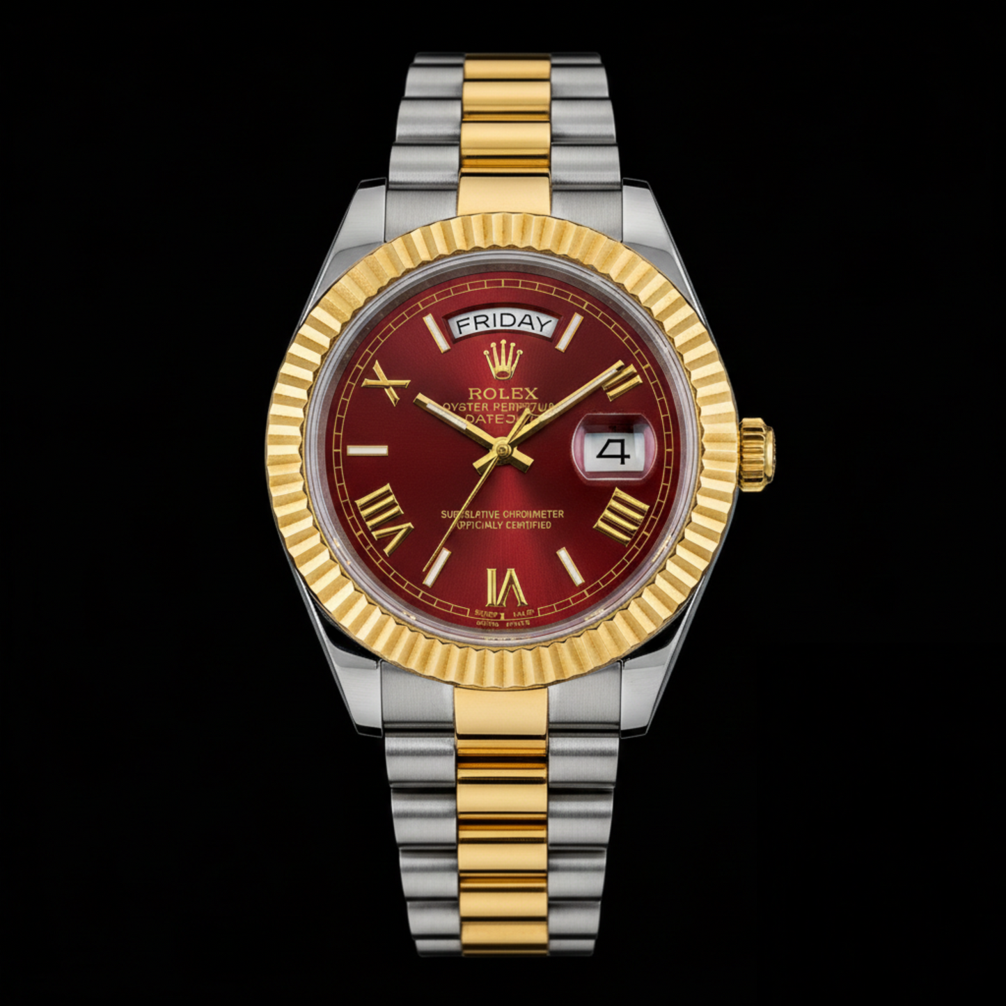 Rolex Day-Date Collection – Red Sunburst Dial Roman Numeral Two-Tone Bracelet Edition