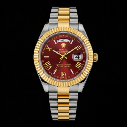 Rolex Day-Date Collection – Red Sunburst Dial Roman Numeral Two-Tone Bracelet Edition