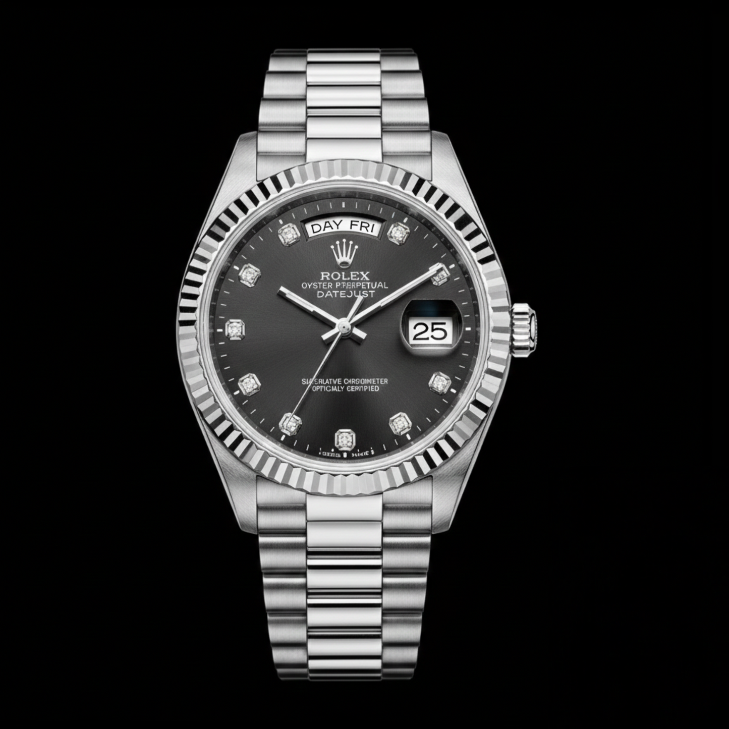 Rolex Datejust Collection – Black Dial Diamond Markers Fluted Steel Bracelet Edition