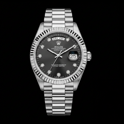 Rolex Datejust Collection – Black Dial Diamond Markers Fluted Steel Bracelet Edition