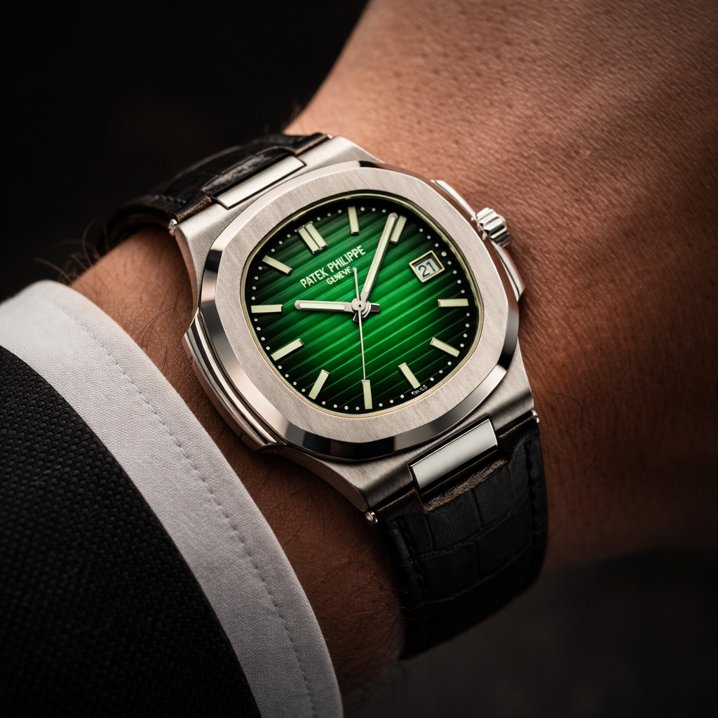 Patek Philippe Nautilus Style – Green Dial Black Leather Edition (Automatic)