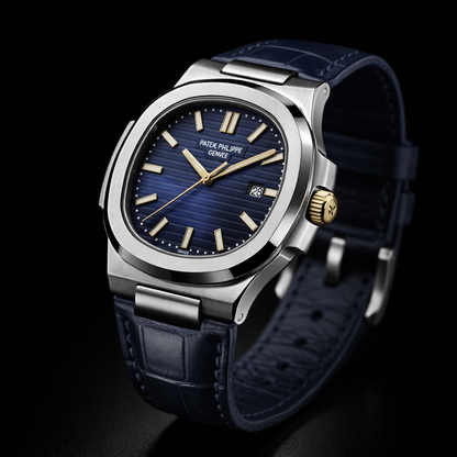 Patek Philippe Nautilus Collection – Blue Dial Gold Hands Navy Leather Edition (Automatic)