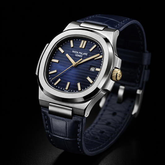 Patek Philippe Nautilus Collection – Blue Dial Gold Hands Navy Leather Edition (Automatic)