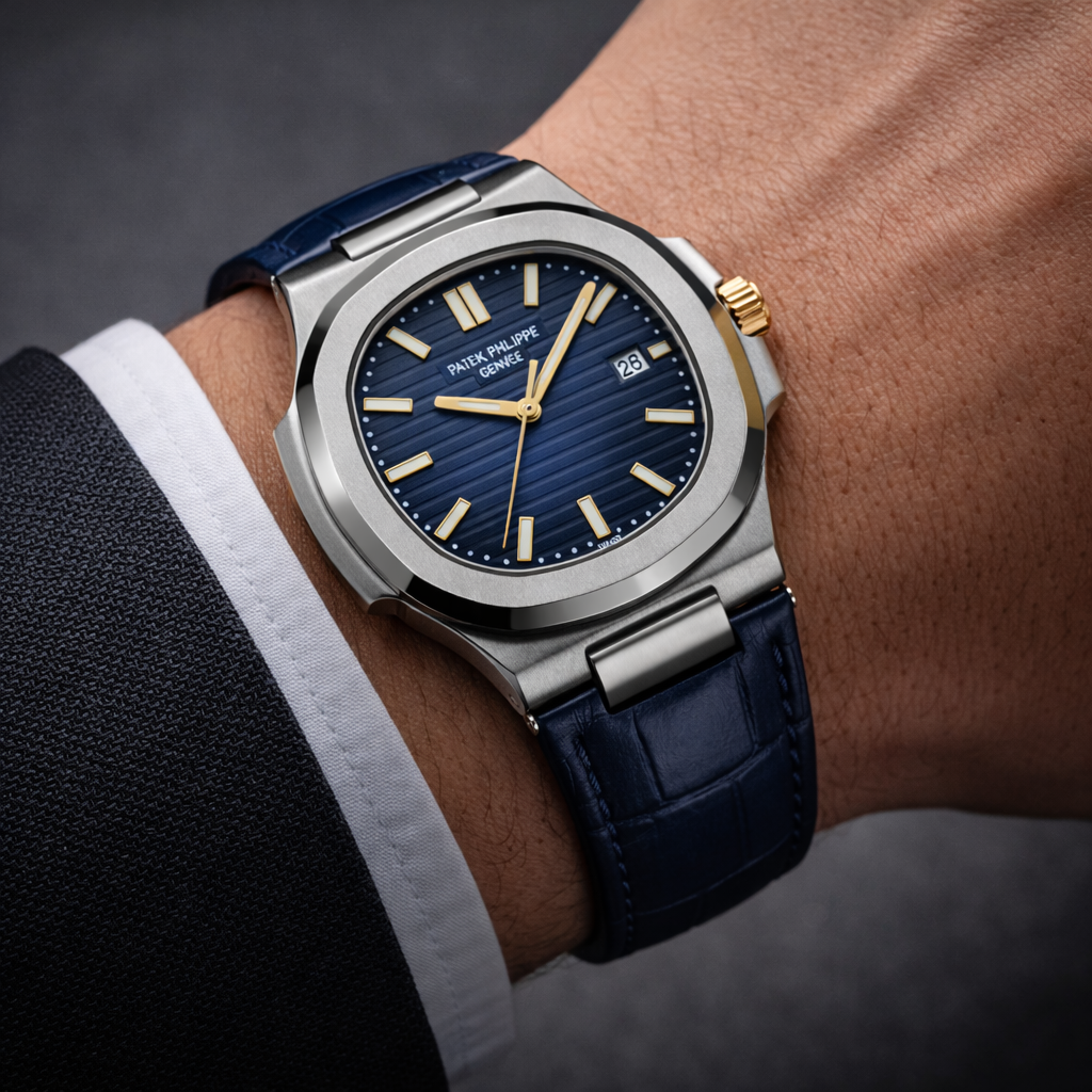 Patek Philippe Nautilus Collection – Blue Dial Gold Hands Navy Leather Edition (Automatic)