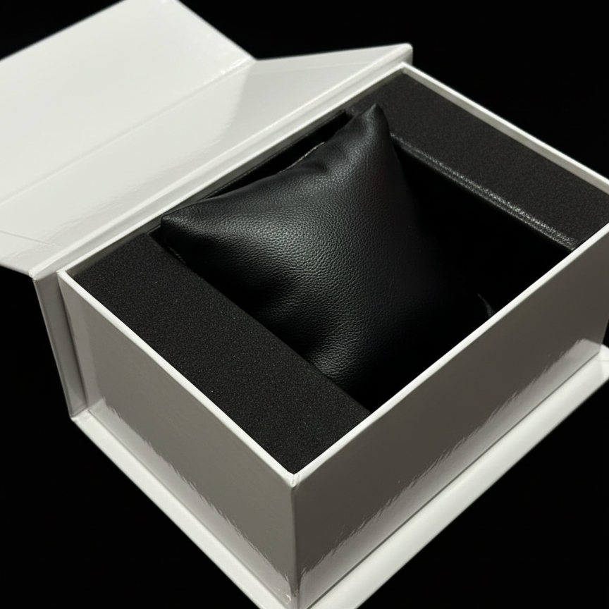 Rolex-Style White Gloss Watch Presentation Box with Black Leather Cushion