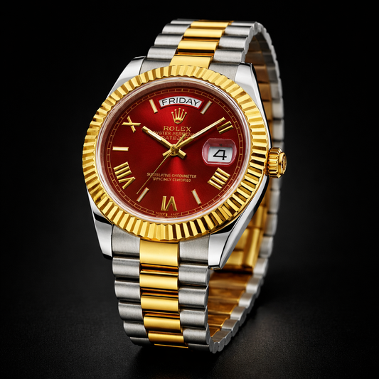 Rolex Day-Date Collection – Red Sunburst Dial Roman Numeral Two-Tone Bracelet Edition