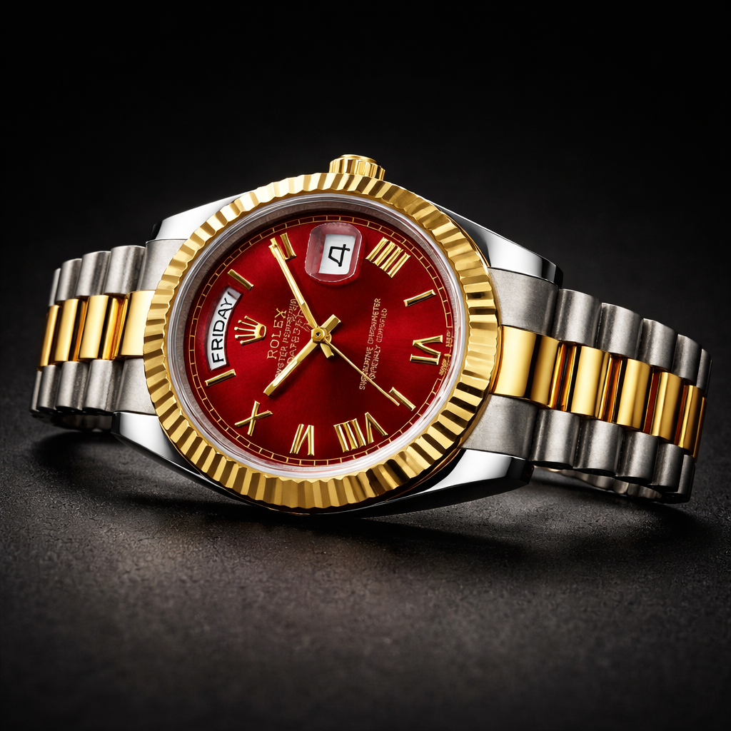 Rolex Day-Date Collection – Red Sunburst Dial Roman Numeral Two-Tone Bracelet Edition