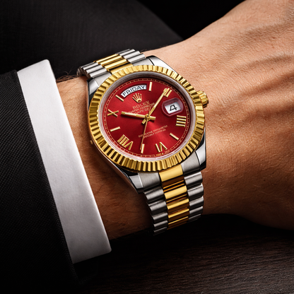 Rolex Day-Date Collection – Red Sunburst Dial Roman Numeral Two-Tone Bracelet Edition