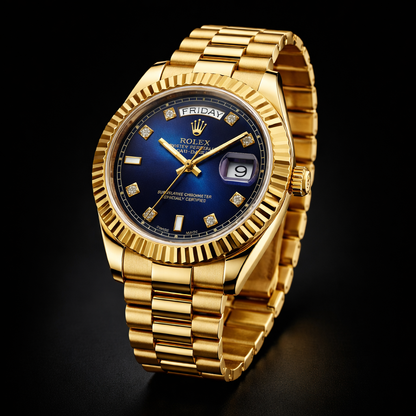 Rolex Day-Date Collection – Blue Sunburst Dial Diamond Markers Gold Bracelet Edition