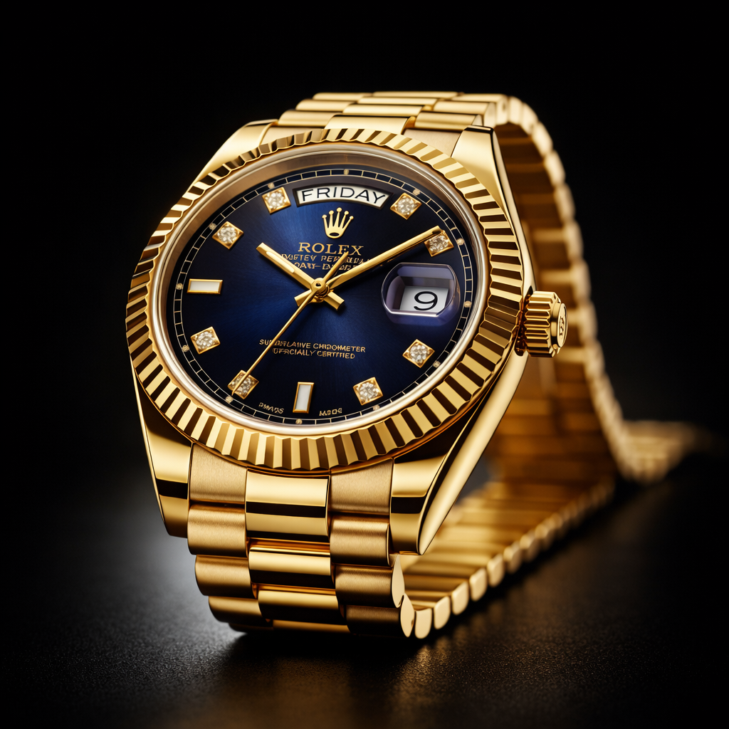 Rolex Day-Date Collection – Blue Sunburst Dial Diamond Markers Gold Bracelet Edition