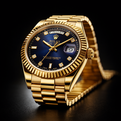 Rolex Day-Date Collection – Blue Sunburst Dial Diamond Markers Gold Bracelet Edition