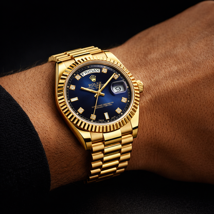Rolex Day-Date Collection – Blue Sunburst Dial Diamond Markers Gold Bracelet Edition